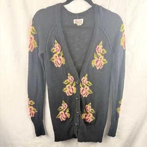 Mudd Black V-Neck Cardigan Rose Print Size Small Cottagecore Grannycore Boho